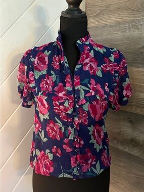 21 Navy Blouse with Pink Floral Print